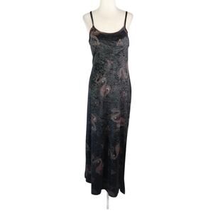 Vintage 90s/Y2K Hairspray Black Crushed Velvet Dragon Print Maxi Slip Dress M